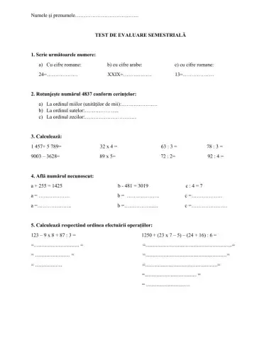 Evaluare semestriala-Matematica