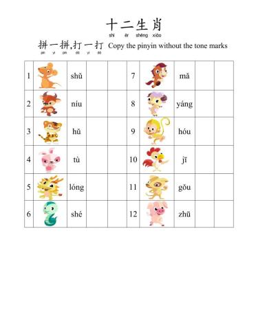 12 Zodiac Animals-vocab