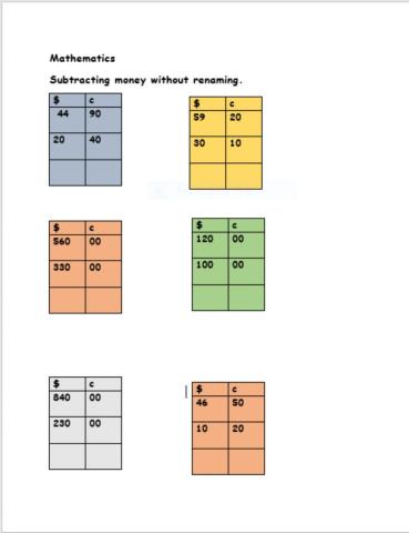 Subtracting dollars and cents without renaming.