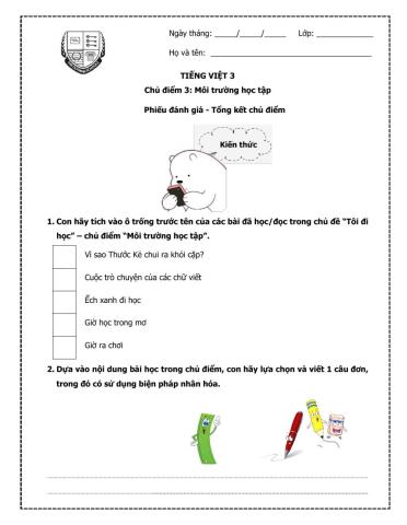 Phiếu tổng kết chủ điểm 3 - Môi trường học tập