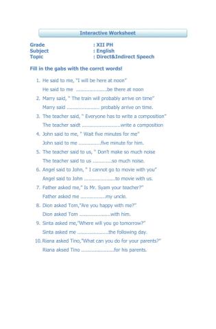 Interactive Worksheet of Direct & Indirect Speech