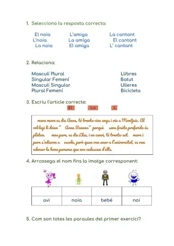 Singular, Plural. Masculí, Femení. Articles