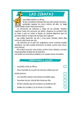 La jirafa: comporrensión lectora