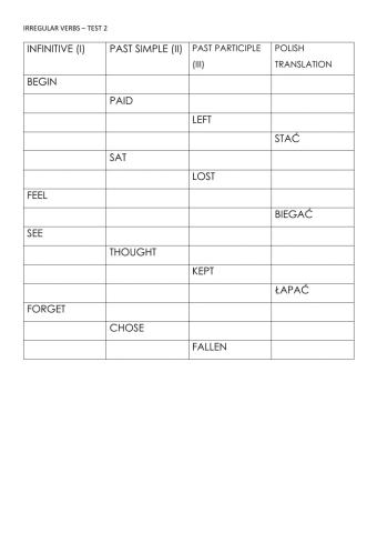 IRREGULAR VERBS - test 2