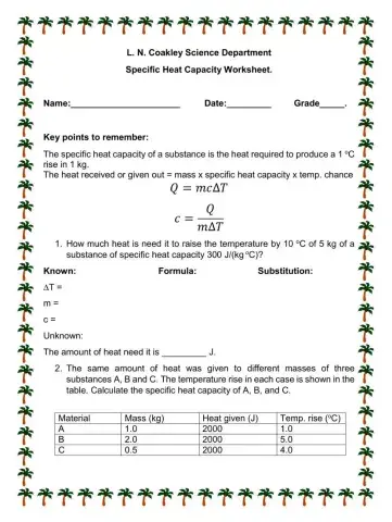 Specific Heat Capacity Worksheet.