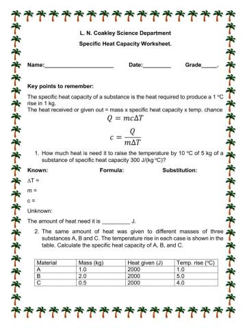 Specific Heat Capacity Worksheet.