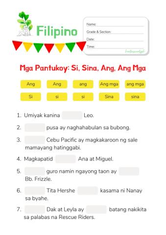 Pantukoy Worksheet for Grade 1: Paggamit ng mga Pantukoy sa Pangungusap