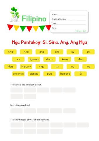 Pantukoy Worksheet for Grade 2: Pagsulat ng Pangungusap Gamit ang Pantukoy