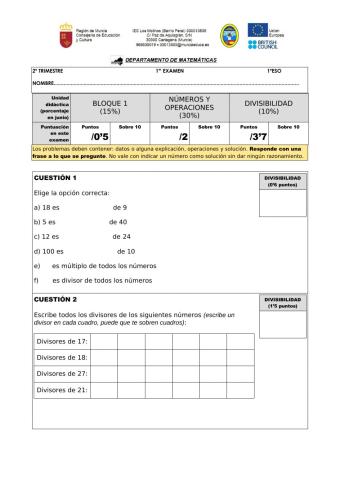 Examen de divisibilidad y problemas.