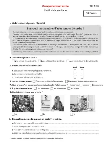 Ma vie d'ado - Compréhension de lecture