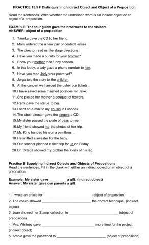 PRACTICE 18.5 F Distinguishing Indirect Object and Object of a Preposition