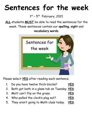 Sentences for the week Reading comprehension