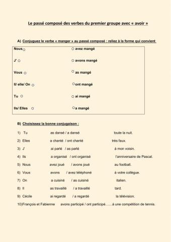 Le passé composé avec -avoir-1er groupe