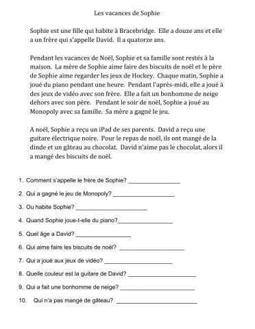 Lecture - les vacances de Noel