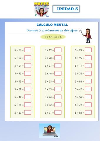 Cálculo mental: sumar 5 a números de dos cifras