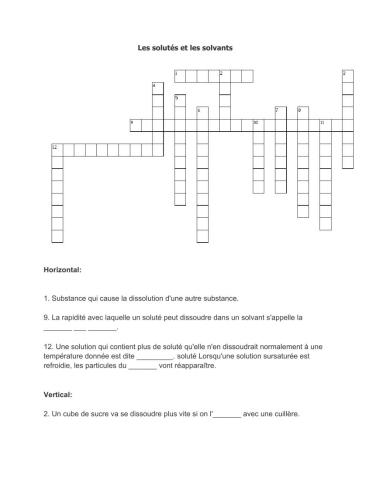 Les solutés et les solvants (Mot croisé)