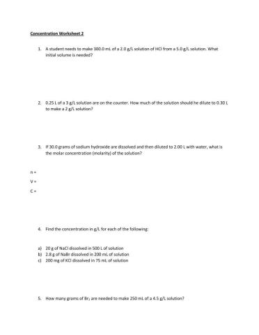 Concentration - g-L, dilution, and molarity