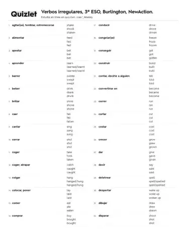 Irregular verbs test, 3ºESO, New Action.
