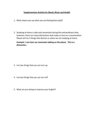Supplementary Activity for Mood, Music and Health