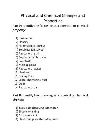Chemical and Physical changes and properties