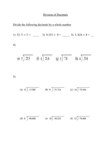 Dividing decimals by whole numbers