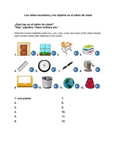 Los objetos en el salón de clase Listening and Writing