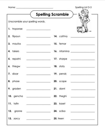 Word scramble D-3 5th grade