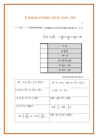 כפל חיבור וחיסור מספרים מכוונים