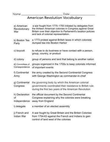 American Revolution Vocabulary