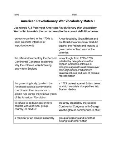 American Revolutionary War Vocabulary Matching I