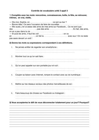 Contrôle de vocabulaire unité 3
