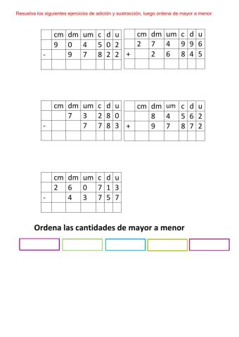 Ejercicios de adiciones y sustracciones