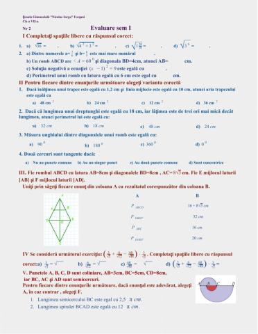 Evaluare sumativă, cls a VII-a, sem I,nr2