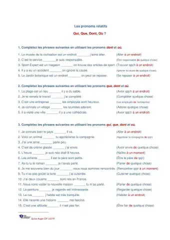 Les pronoms relatifs Qui, Que, Dont, Où