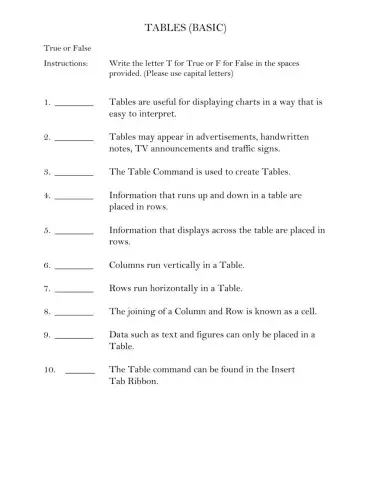 MICROSOFT TABLES - BASIC(True-False)
