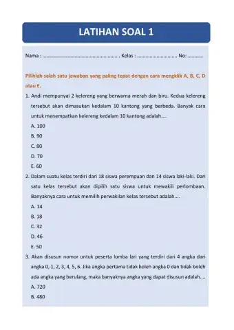 Latihan Soal 1 Kaidah Pencacahan