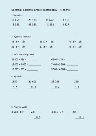 Kontrolní pololetní práce z matematiky - 4. ročník