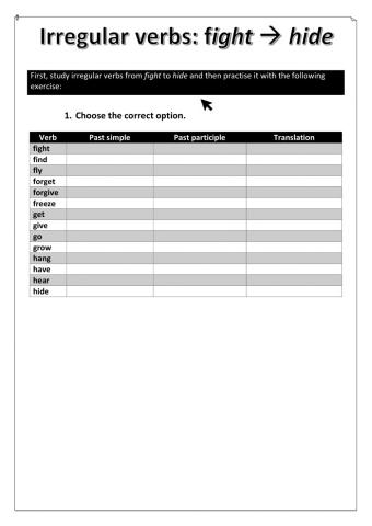 Irregular verbs: fight - hide