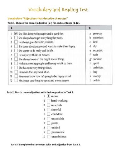 Vocabulary and Reading Tasks -Personality-