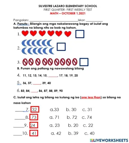 Counting numbers, one less than