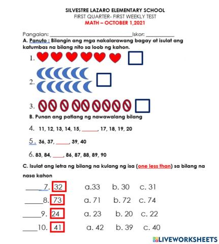 Counting numbers, one less than