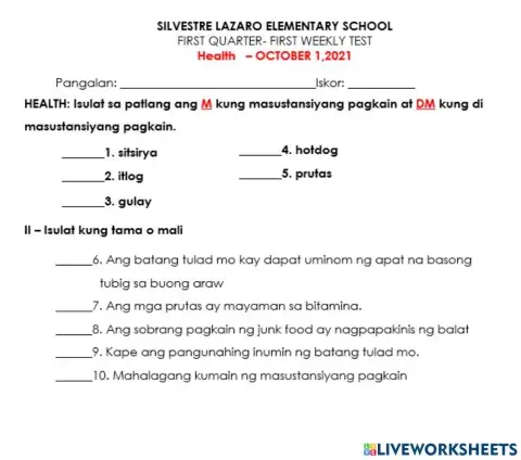 Masustansya at di masustansyang pagkain