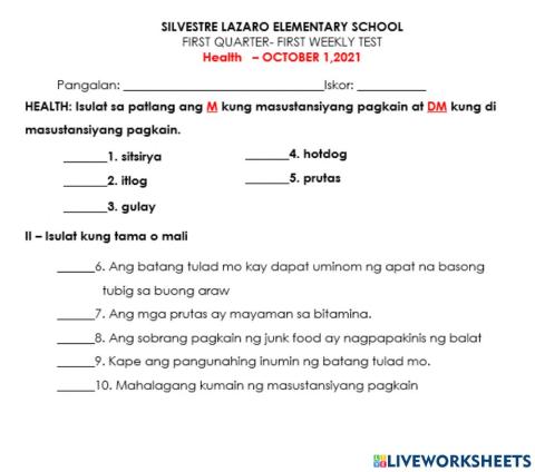 Masustansya at di masustansyang pagkain
