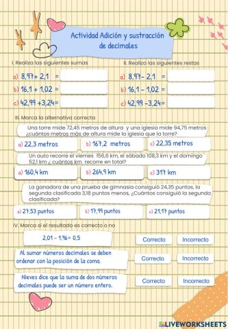 Actividad repaso adición y sustracción decimales