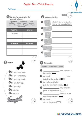 ENGLISH TEST 3 GRADE UNIT 5-6 LA INMACULADA 