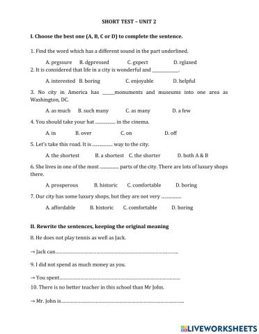 English 9 - Unit 2 - Short test