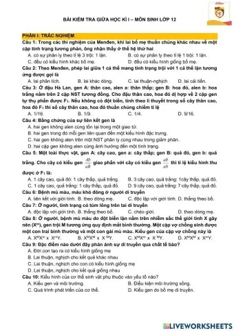 Bài kiểm tra giữa kì i - sinh 12