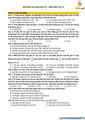 Bài kiểm tra giữa kì i - sinh 12