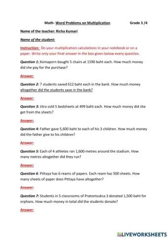 Word Problems on Multiplication