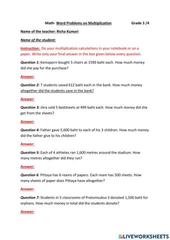 Word Problems on Multiplication